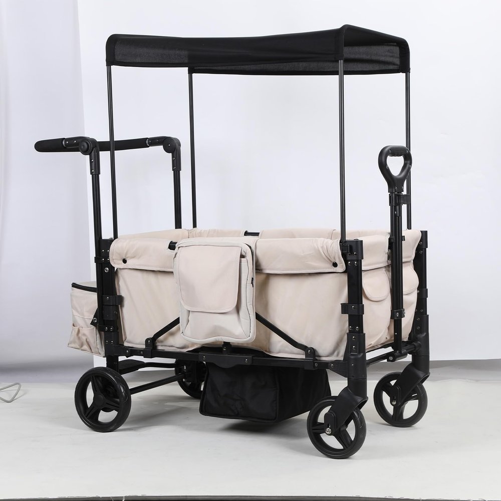 Wagon Stroller for 2 Kids, Foldable All-Terrain Wagon for Kids, Adjustable Push/Pull Handle, Removable Canopy, 5-Point Safety Harness, Zipper Door (Beige) Fast Arrival Beige