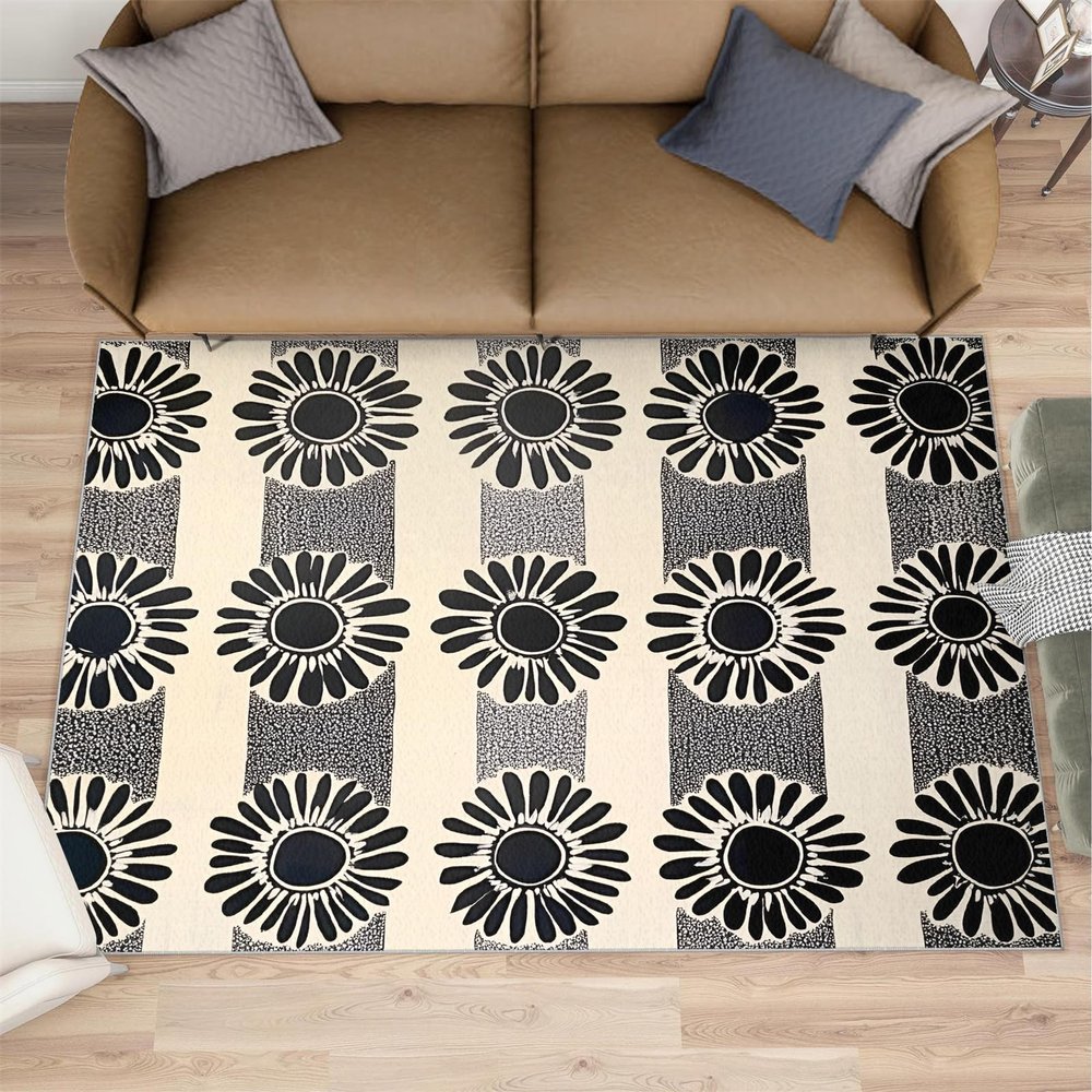 Daisy Rugs for Boys Room, Black-White Daisies Area Rug - 4x5, Simple Abstract Outdoor Rug, Washable & Non Slip Carpet for Home Decor