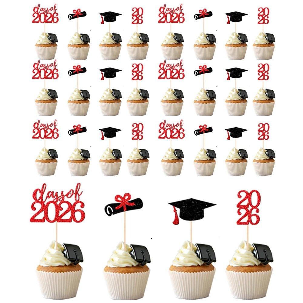 2026 Graduation Cupcake Toppers - 36 Pcs Glitter Graduation Party Decorations with 2026 Signs, Grad Cap & Diploma Picks for 2026 Senior Graduation Party Cake Decor (Red)