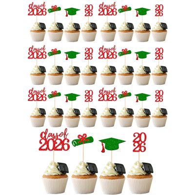 2026 Graduation Cupcake Toppers - 36 Pcs Glitter Graduation Party Decorations with 2026 Signs, Grad Cap & Diploma Picks for 2026 Senior Graduation Party Cake Decor (Red and Green)