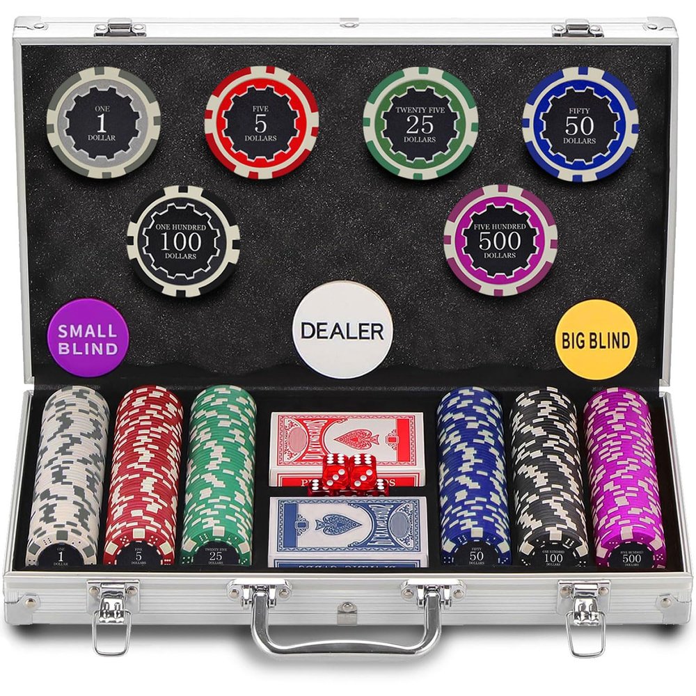 300 Chips Professional Poker Chip Set with Aluminum Case, 11.5 Gram Composite Clay Chips, 2 Decks of Cards, 5 Dice & Dealer Button - Perfect for Texas Holdem, Blackjack, Casino Night (300 pcs)