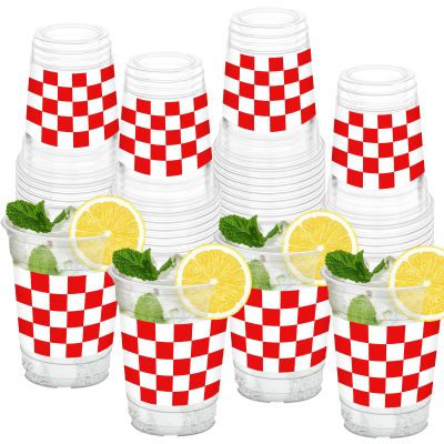 HYMENEX 50Pcs Red and White Checkered Cups, 12oz Red Checkered Disposable Clear Plastic Cups Gingham Party Cup for Wedding Valentines Home Supplies Birthday Party Decorations