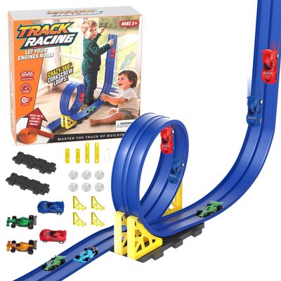 Flexible Race Track For Kids,15 Ft Flex Race Car Ramp Track with Suction Cups,Birthday Gifts for Boys Girls Ages 3+,Rolls Up Portable DIY Racetrack Compatible with Diecast 1/64th Cars Model (BLUE)