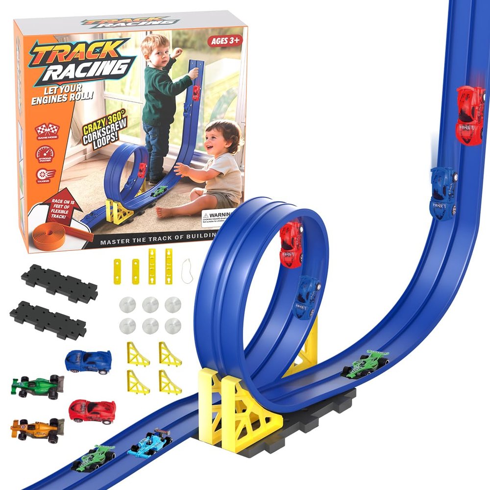 Flexible Race Track For Kids,15 Ft Flex Race Car Ramp Track with Suction Cups,Birthday Gifts for Boys Girls Ages 3+,Rolls Up Portable DIY Racetrack Compatible with Diecast 1/64th Cars Model (BLUE)