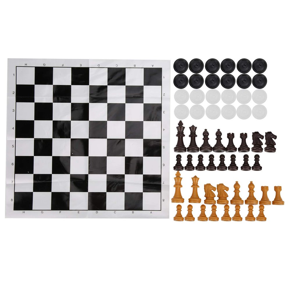 International Chess Draughts Set 2 in 1 Portable Travel Games Intelligent Toy Plastic Chessboard 56 Pieces Chess Set for Family Game Night Kids Birthday Gift