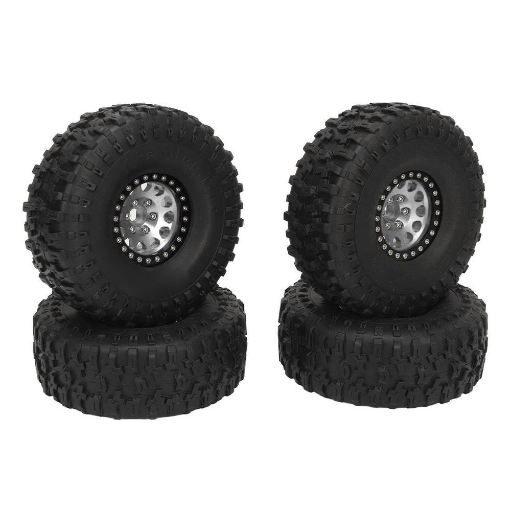 4PCS 1.9 Inch RC Crawler Rubber Tires, Replacement for SCX10 1/10 RC Car, 12 Hole Aluminum Alloy Wheels with Excellent Grip, Off Road Terrain Tires for RC Crawler Vehicles (Silver)