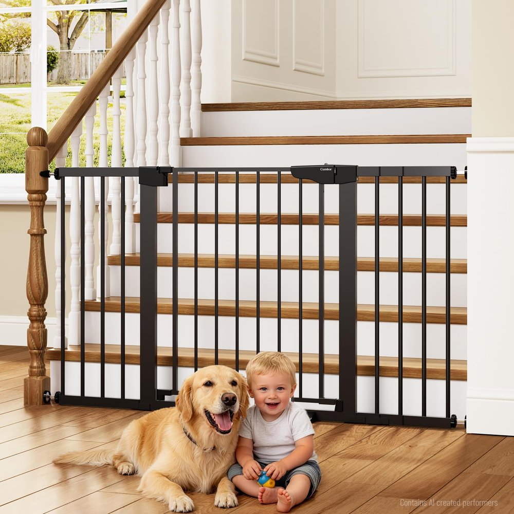 Cumbor 30-54" Extra Wide Baby Gate for Stairs, Dual Lock & Self-Closing Dog Gate Indoor, Easy Install Pet Gate for Doorways, Hallways & Kitchen, Easy Walk Thru Safety Proofing for Babies & Pets, Black