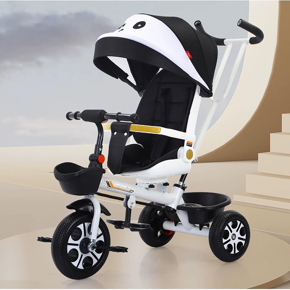 JIYIAN White,A,Stroller Tricycle with Rotating Seat & Lie-Flat Recline, Convertible Push Bike, Parent Facing, Large Storage Basket, Anti-Tip Design