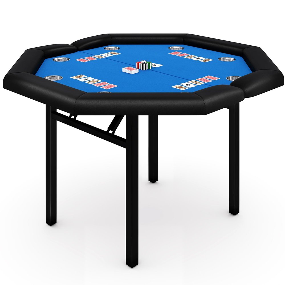 PeakPursuit 8-Player Foldable Poker Table, Protable Blackjack Texas Holdem Table with Padded Rails Stainless Steel Cup Holders, Octagon Casino Table for Blackjack, Family Games, Club (Blue)