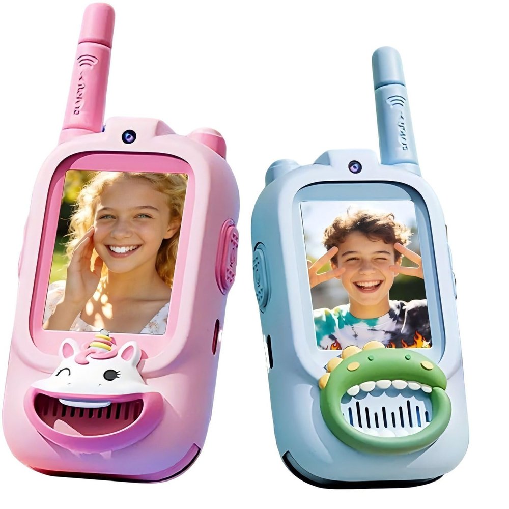 Video Walkie Talkies for Kids 2 Pack: Rechargeable Toys with HD Camera, Voice Changer & Long Range, Ideal Gifts for Boys & Girls Ages 3-12 for Camping, Hiking, Outdoor Play (Blue+Pink, with Silicone)