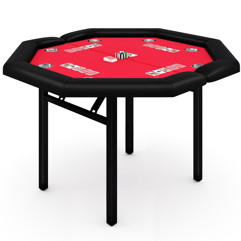8-Player Foldable Poker Table, Protable Blackjack Texas Holdem Table with Padded Rails Stainless Steel Cup Holders, Octagon Casino Table for Blackjack, Family Games, Club (Red)