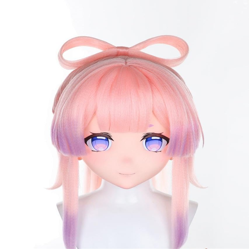 Anime Cosplay Kigurumi Mask with Adjustable 3/4 Sizing, Pink Purple Gradient Wig with Bow, Party Convention Prop (deposit)
