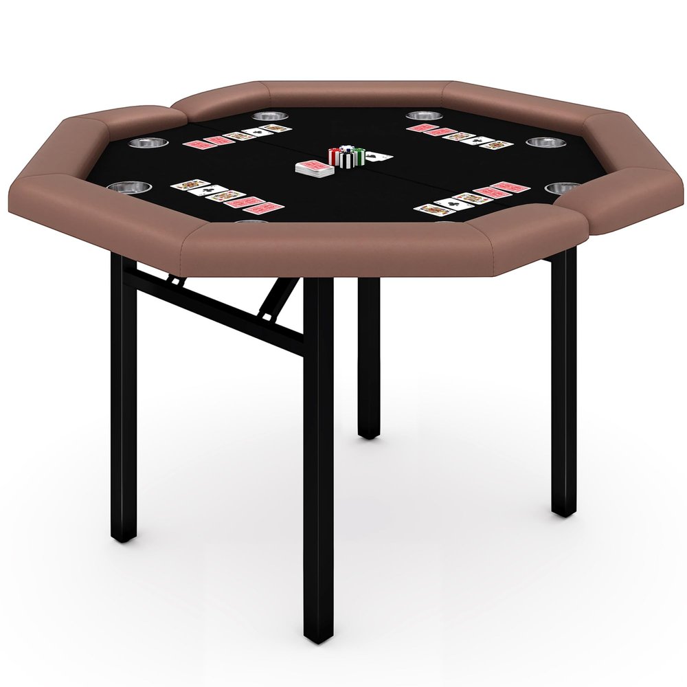 8-Player Foldable Poker Table, Protable Blackjack Texas Holdem Table with Padded Rails Stainless Steel Cup Holders, Octagon Casino Table for Blackjack, Family Games, Club (Black)