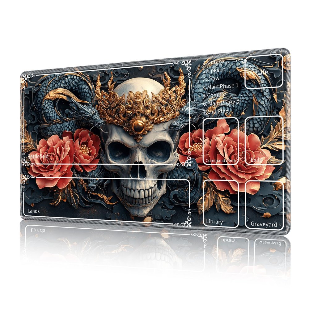 XPMPDYID for MTG Playmat with Zone Non-Slip Backing & Stitched Edges, Smooth Surface Card Playmat for TCG, Playing Card Mat Includes Storage Bag, Skull Dragon Game Mat for Magic Board Games