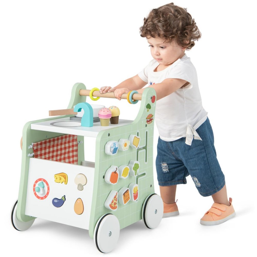 6-in-1 Wooden Learning Activity Center with Play Kitchen, Push Walker, Shape Sorter, Teaching Clock & Storage Box for Early Development