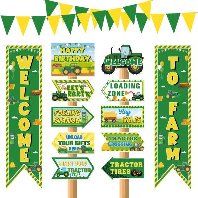 14 Pcs Tractor Birthday Party Decorations Farm Porch Banner Triangle Flag Welcome to Farm Yard Signs for Kids Tractor Themed Birthday Party Backdrop Photo Props Supplies Outdoor Indoor Decor