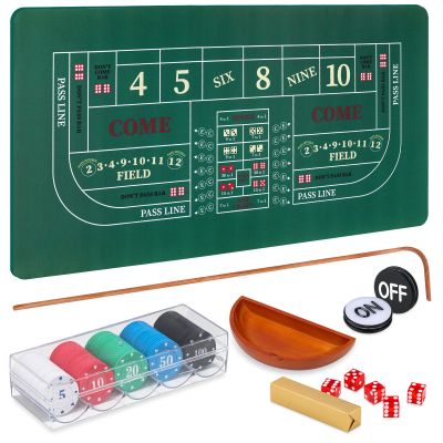 Craps Tabletop Game Set with 35 * 70" Rubber Craps Tabletop Layout Mat, 36" Rattan Stick, Casino Grade 19mm Dice, On/Off Button and 100 pcs Chips Craps Game Layout for Party