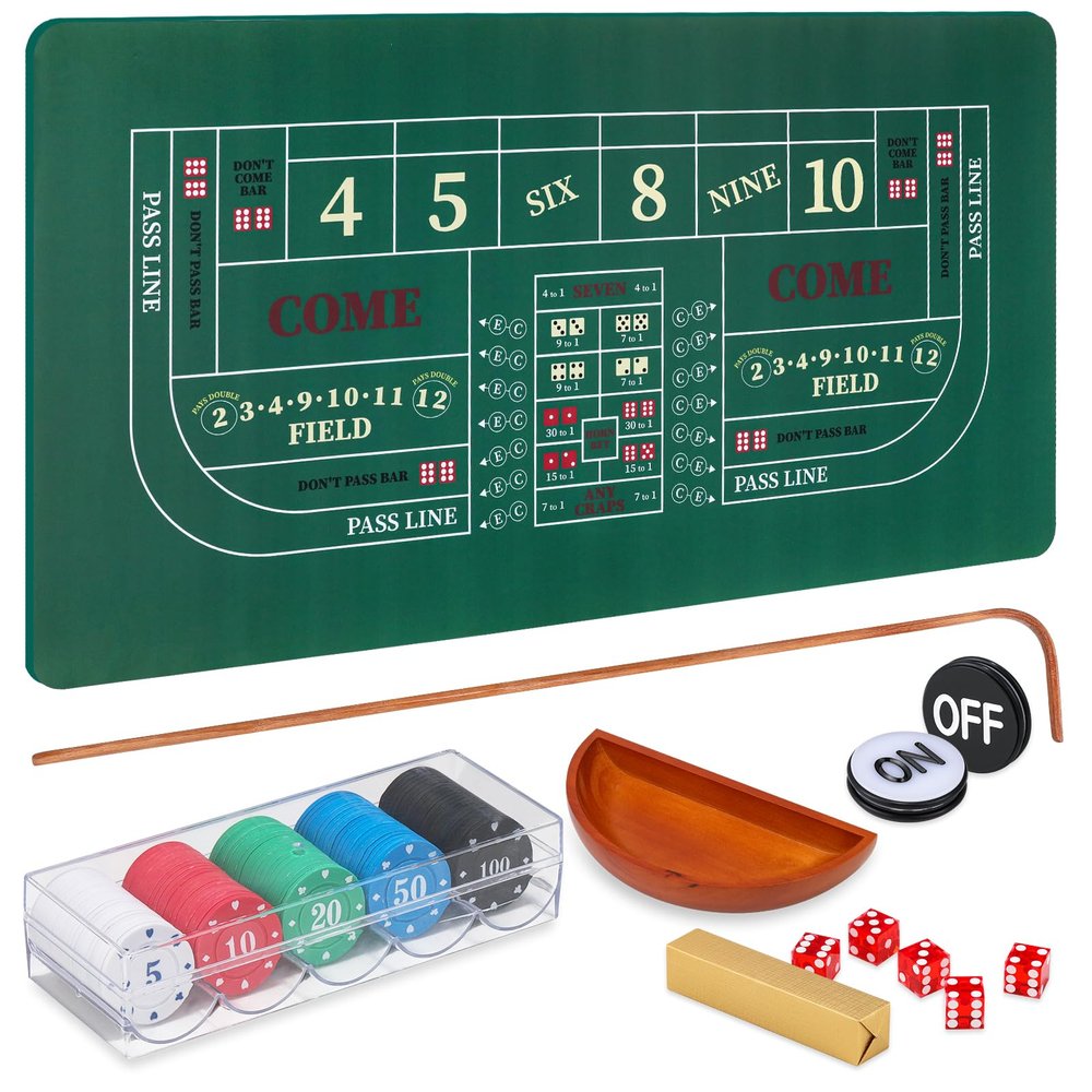 Craps Tabletop Game Set with 35 * 70" Rubber Craps Tabletop Layout Mat, 36" Rattan Stick, Casino Grade 19mm Dice, On/Off Button and 100 pcs Chips Craps Game Layout for Party