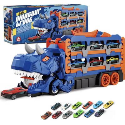 KIDORIX Dinosaur Truck Toy for Kids 3-7 T-Rex Carrier Transporter with 12 Mini Cars, Push-and-Go Ejector Launcher & Expandable 157cm Race Track, Storage Case, Birthday Gift for Boys & Girls