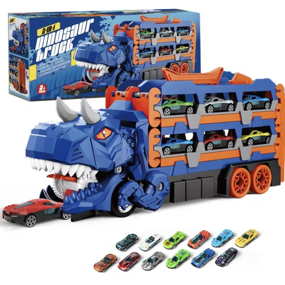 KIDORIX Dinosaur Truck Toy for Kids 3-7 T-Rex Carrier Transporter with 12 Mini Cars, Push-and-Go Ejector Launcher & Expandable 157cm Race Track, Storage Case, Birthday Gift for Boys & Girls