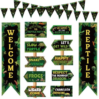 14 Pcs Reptile Birthday Party Decorations Swamp Lizard Snake Porch Banner Triangle Flag Welcome Reptile Yard Signs for Kids Reptile Themed Birthday Party Backdrop Photo Props Supplies Decor