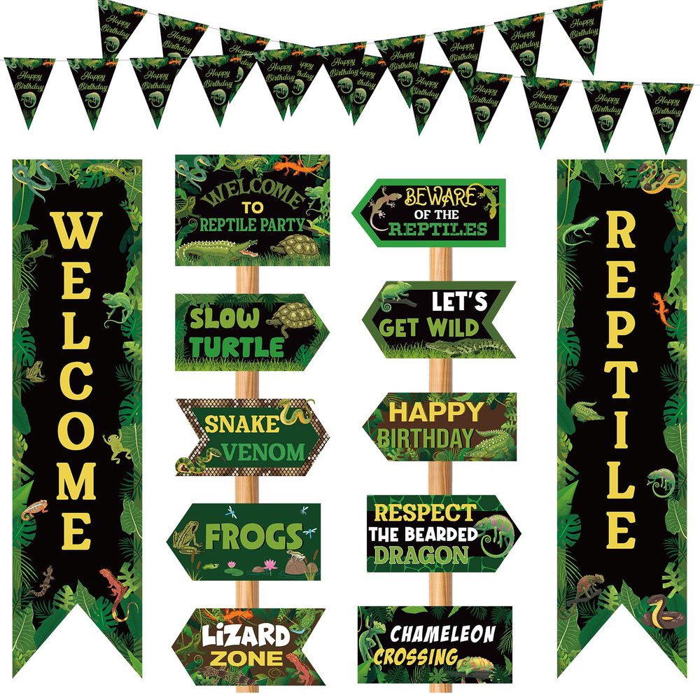 14 Pcs Reptile Birthday Party Decorations Swamp Lizard Snake Porch Banner Triangle Flag Welcome Reptile Yard Signs for Kids Reptile Themed Birthday Party Backdrop Photo Props Supplies Decor