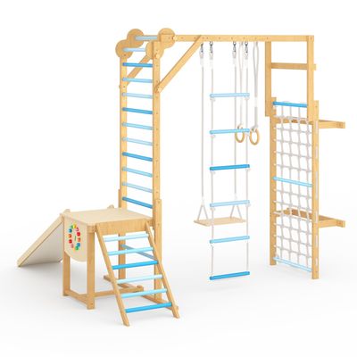 Garvee 8-in-1 Indoor Jungle Gym Set with Slide Swing Monkey Bar Wooden Climbing Structure for Kids Ages 3-10