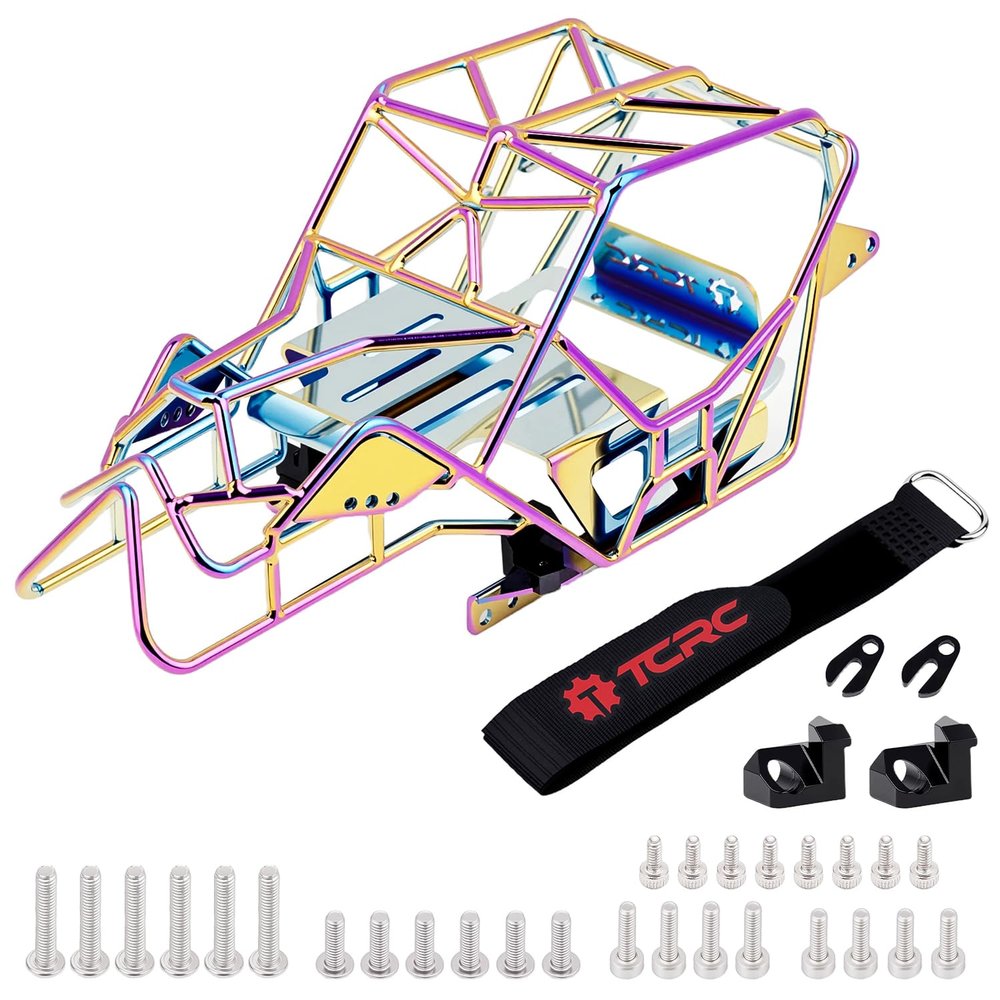 TCRC Colorful Electroplating Metal Roll Cage Body Shell with Aluminum LED Lamp Holder for 1/18 TRX4M Defender Bronco Crawler Truck Upgrade