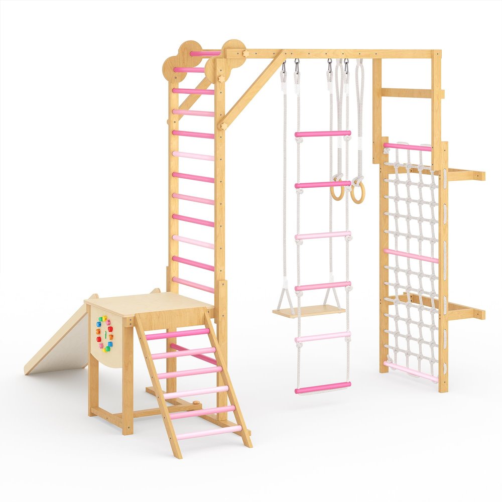 Garvee 8-in-1 Indoor Jungle Gym Set with Slide Swing Monkey Bar Wooden Climbing Structure for Kids Ages 3-10