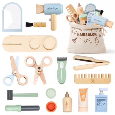 Wooden Makeup Toy Set with Storage Bag, 15PCS Hair Salon Toys for Girls, Wooden Hair Salon Play Set with Mirror & Hair Dryer, Pretend Makeup for Toddlers 3-5, Play Hair Styling Set Birthday Gift
