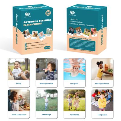 Actions Flash Cards for Kids (Ages 3-7), 50 Real-Life Photo Cards for Speech & Language Development, Based on Total Physical Response (TPR) Learning Approach, Support Daily Feelings