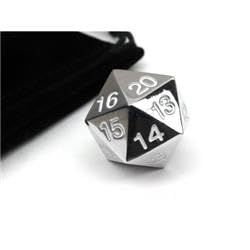 22 mm Zinc Metal Alloy Countdown D20 Dice with Black Bag- Silver & White Numbers