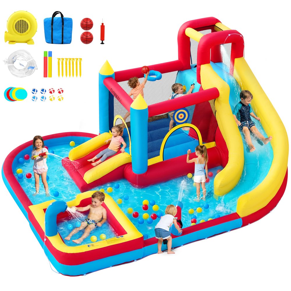GYMMALL Bounce House with Slide & Blower, Inflatable Water Park Bouncy Castle with Climbing Wall, Ball Pit & Water Cannon for Indoor Outdoor Backyard Play