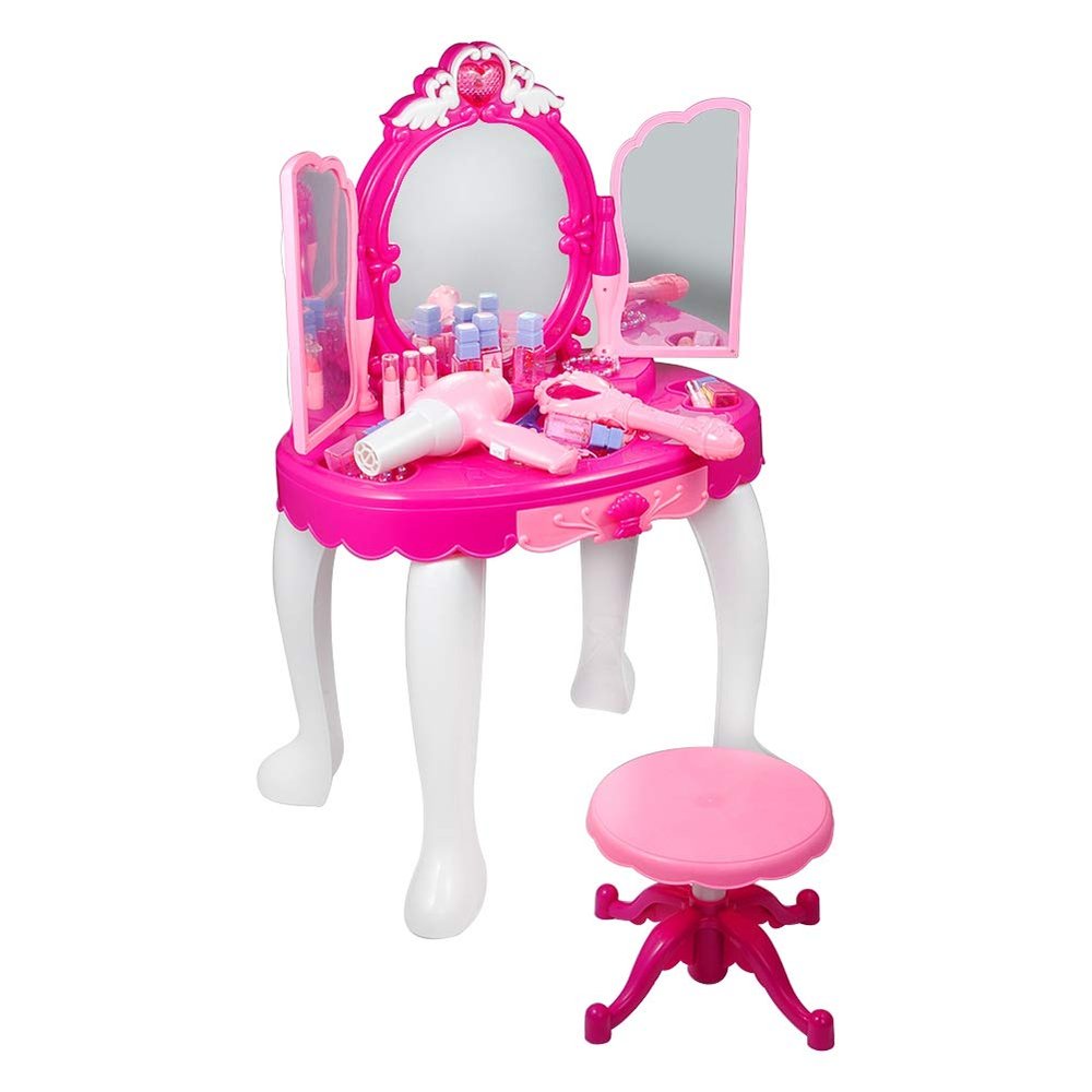 plplaaoo Glamorous Princess Dressing Table Toy with Stool Hair Dryer Pink Make Up Set Vanity for Girls Kids Children Over 3 Years Old Plastic 72 x 45 x 29cm