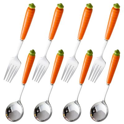 (8 Pieces) Ceramic Carrot Handle Stainless Steel Fork Spoon Cute Tableware Home Dining Cartoon