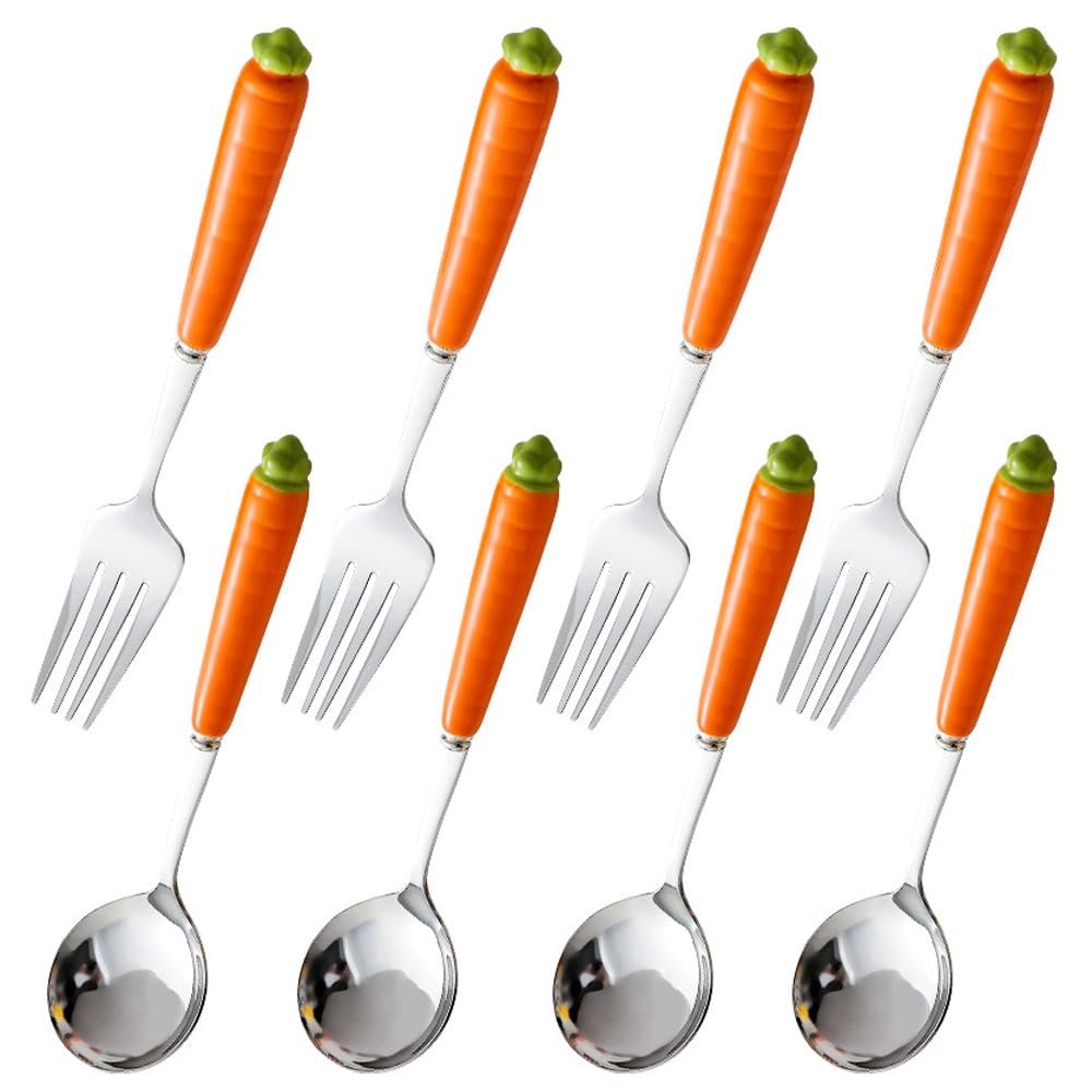 (8 Pieces) Ceramic Carrot Handle Stainless Steel Fork Spoon Cute Tableware Home Dining Cartoon