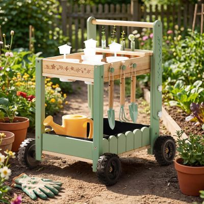 ROBOTIME Kids Gardening Tools with Cart Wheelbarrow - Wooden Outdoor Garden Toys Set with Watering Can, Shovel, Hand Rake & Plant Labels, Outdoor Backyard Play Toys for Toddler Gift (Green)
