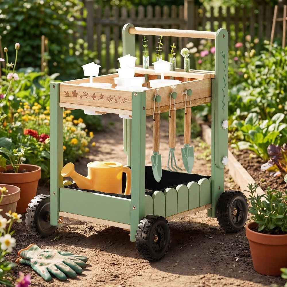 ROBOTIME Kids Gardening Tools with Cart Wheelbarrow - Wooden Outdoor Garden Toys Set with Watering Can, Shovel, Hand Rake & Plant Labels, Outdoor Backyard Play Toys for Toddler Gift (Green)