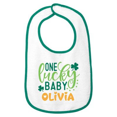 Smiling Jindo Personalized St. Patricks Day Baby Bib One Lucky Baby Design with Custom Name, Soft Cotton Terry