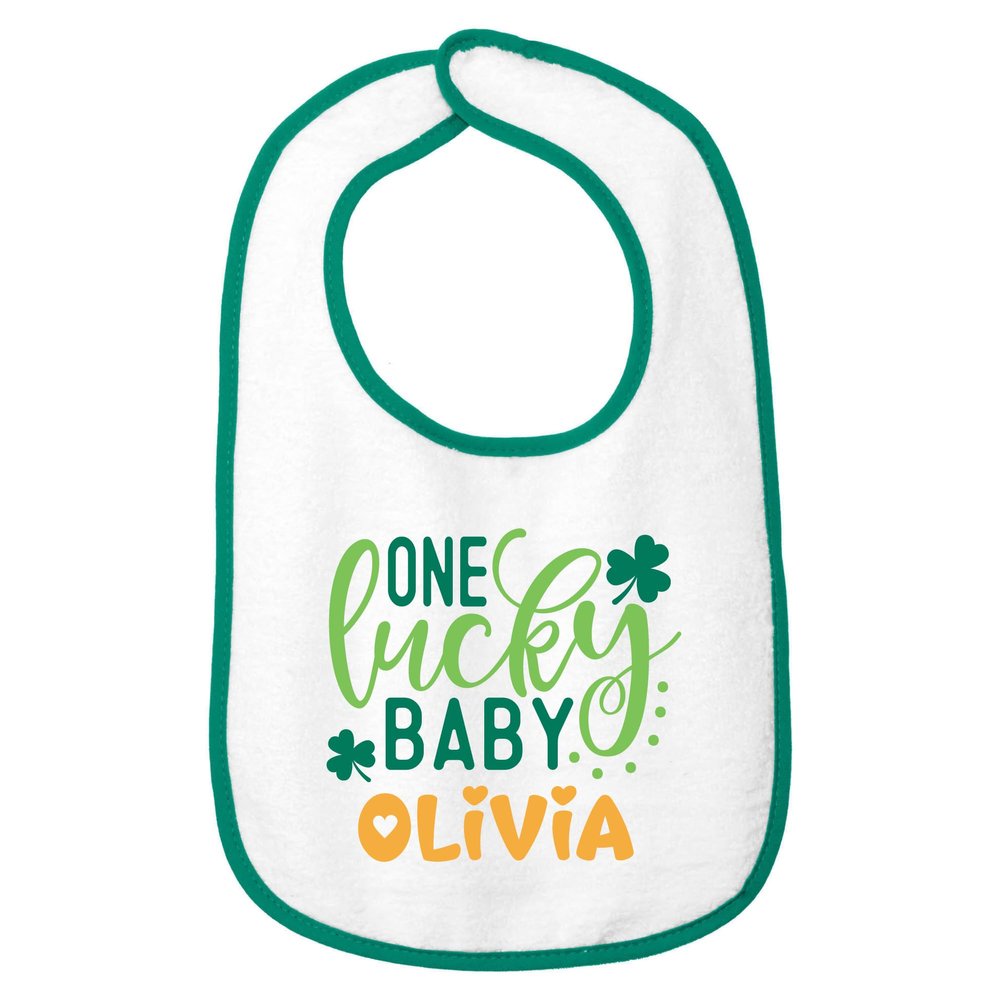 Smiling Jindo Personalized St. Patricks Day Baby Bib One Lucky Baby Design with Custom Name, Soft Cotton Terry