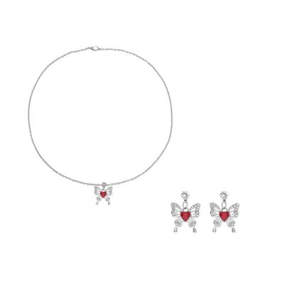 Bohemian Butterfly Pendant Necklace Earrings Two Piece Set For Women,red,50.5cm