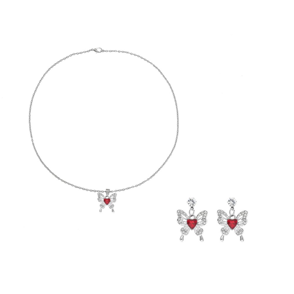 Bohemian Butterfly Pendant Necklace Earrings Two Piece Set For Women,red,50.5cm