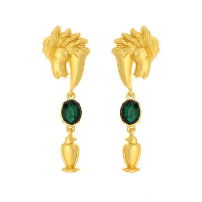 6.4 * 2.1cm Baroque Inlaid Glass Horse Head Pendant Retro Alloy Animal Earrings,golden,6.4 * 2.1cm