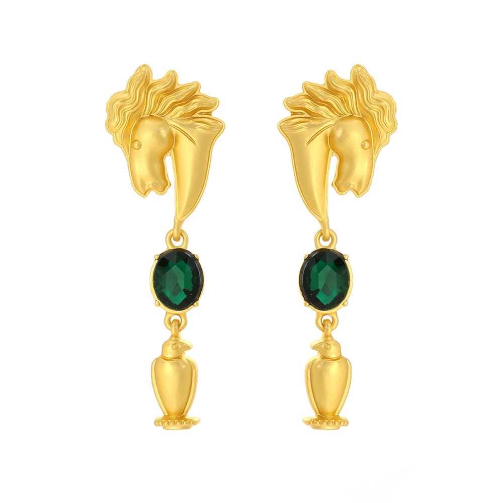 6.4 * 2.1cm Baroque Inlaid Glass Horse Head Pendant Retro Alloy Animal Earrings,golden,6.4 * 2.1cm