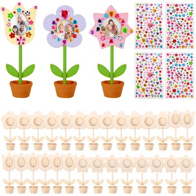 14 Sets DIY Paintable Wood Flowers Photo Holders, Mother's Day Crafts Wooden Flower Picture Frames, Spring Flower Pot Unfinished Wood Ornament with Gems Stickers for Painting Mothers Day Birthday Gift