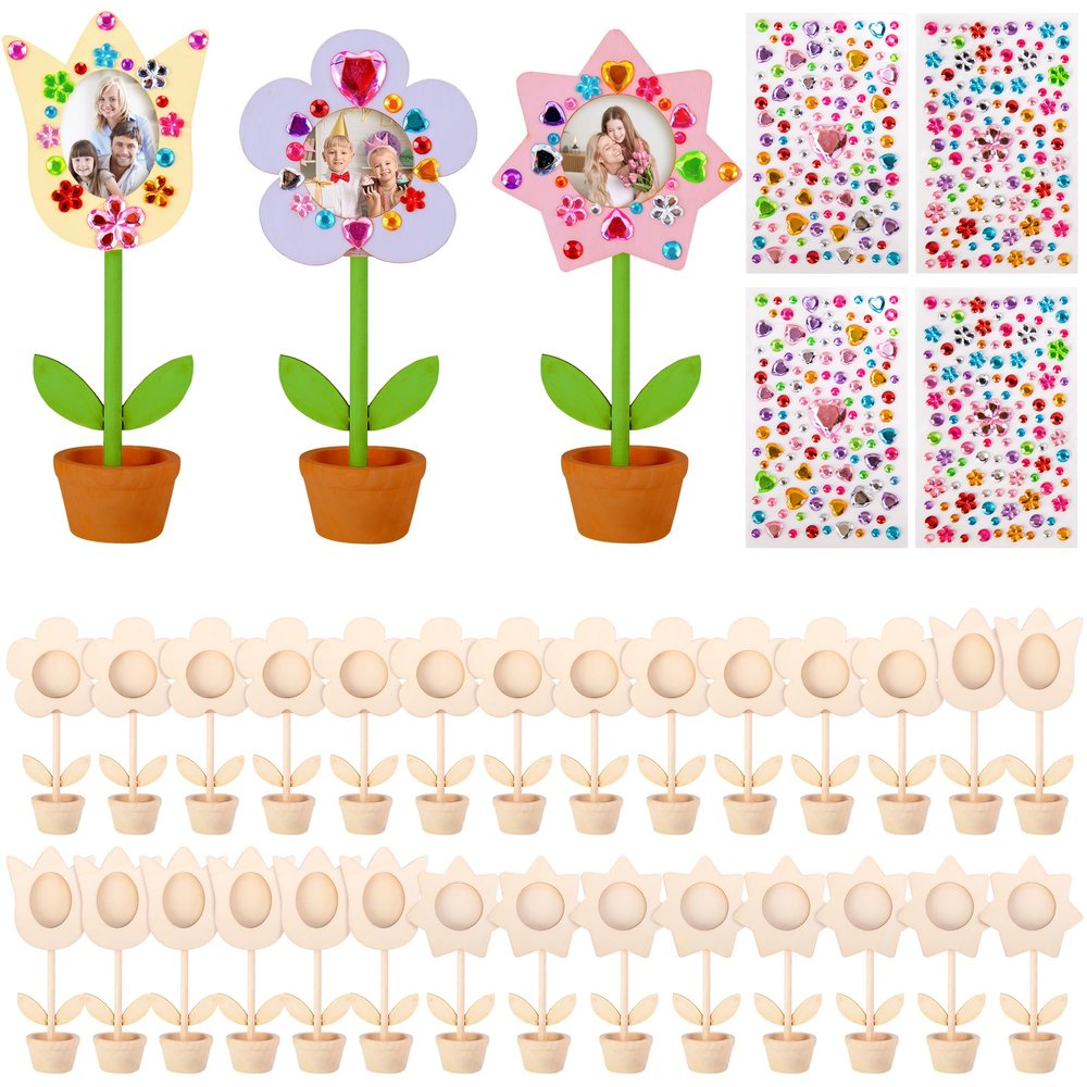 14 Sets DIY Paintable Wood Flowers Photo Holders, Mother's Day Crafts Wooden Flower Picture Frames, Spring Flower Pot Unfinished Wood Ornament with Gems Stickers for Painting Mothers Day Birthday Gift