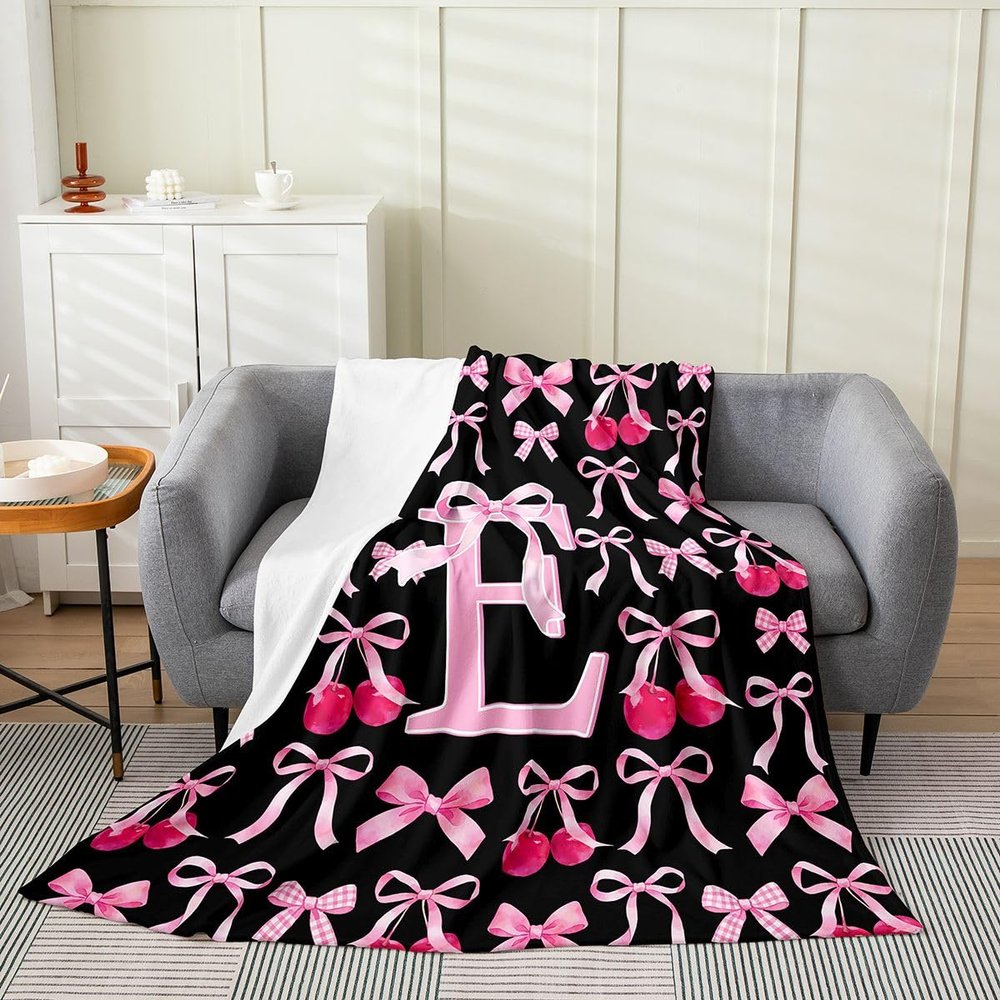 Kids Coquette Pink Black Bow Fleece Throw Blanket Baby 30"x40" Personalized Initial E for Bed Couch Chair Living Room for Boys Girls Teens Bowknot Flannel Blanket Plush Fuzzy Microfiber Princess