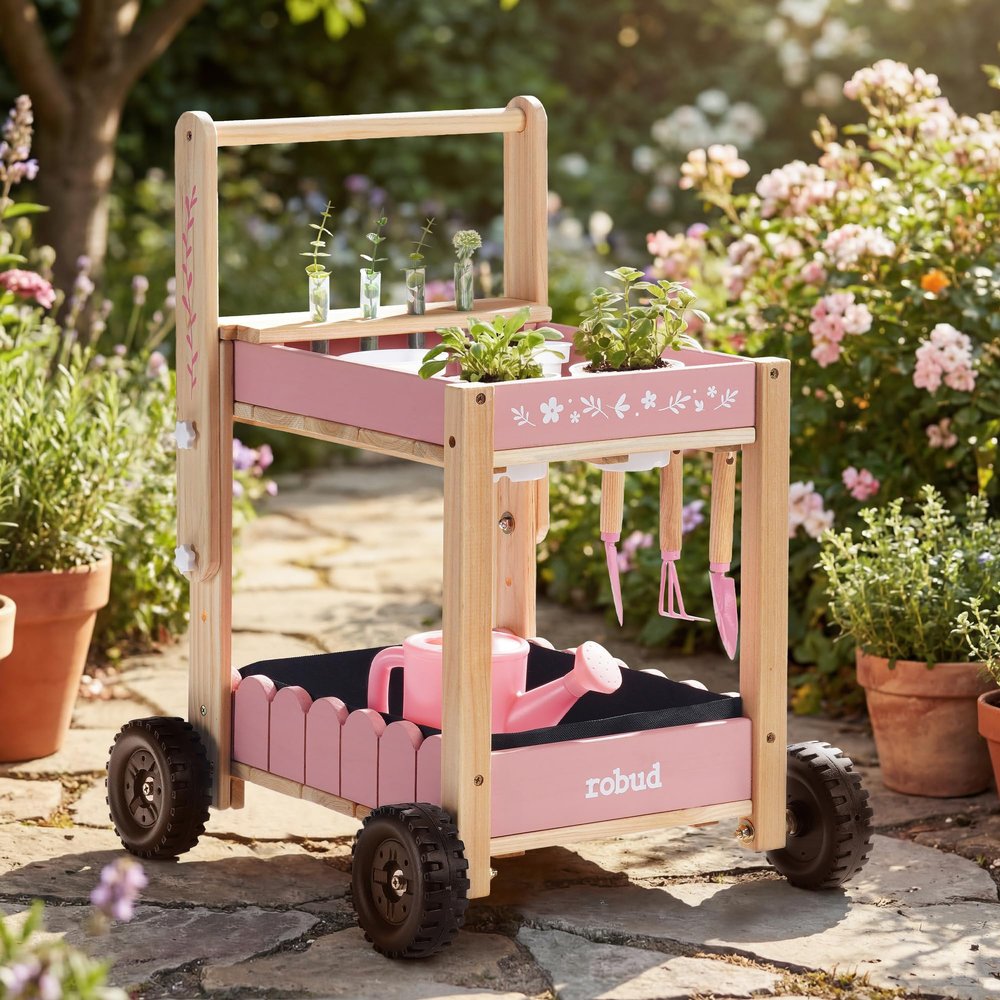 ROBUD Kids Gardening Tools Set with 2-Tier Wooden Cart Wheelbarrow, Toddler Gardening Set with Watering Can, Shovel, Rake & Plant Labels, Outdoor Backyard Garden Toys for Girls, (Pink)