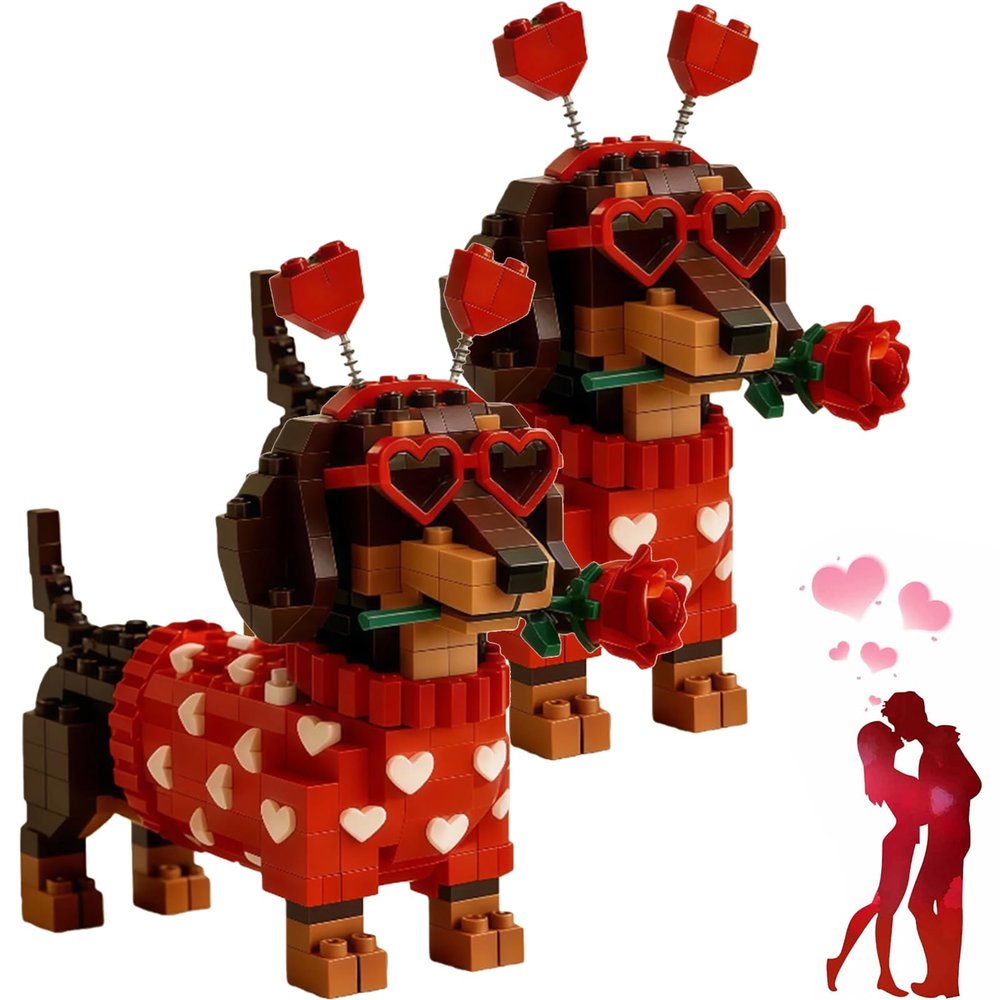 2026 Valentines Day Exclusive Dachshund Brick Set, Dachshund Building Block Set with Rose, Romantic Cute Dog Building Blocks Toy, for Dog Lovers,Valentine's Day Gift for Her Him (2 PC)