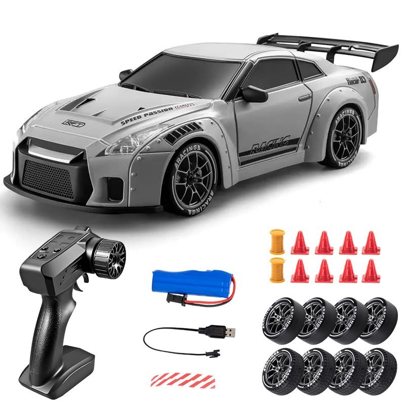 1:20 Scale 4WD RC Drift Car, 2.4G Remote Control Racing Car with LED Lights, High Speed Drift Vehicle for Adults, Interchangeable Drift Tires and Racing Tires, Air Force Gray
